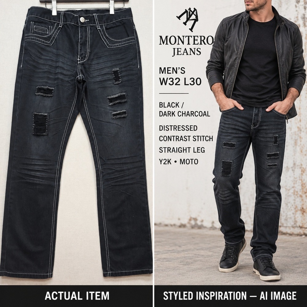Montero Jeans Men's Black Thick White Stitch Weatern Denim Bootcut Pants 32x30